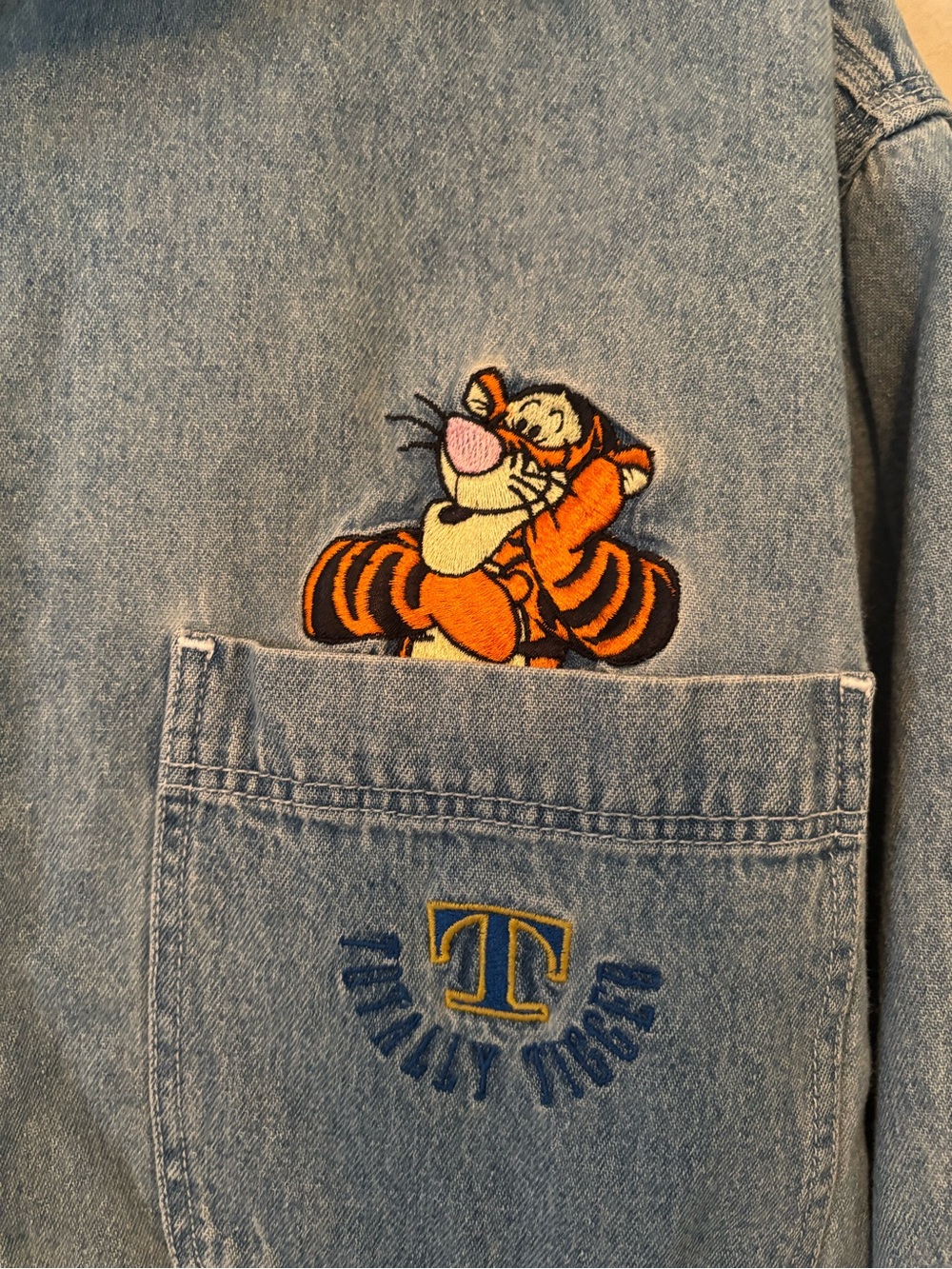Disney Light Blue Denim Button-Down Shirt with Tigger Pocket Embroidery - Picture 3 of 9